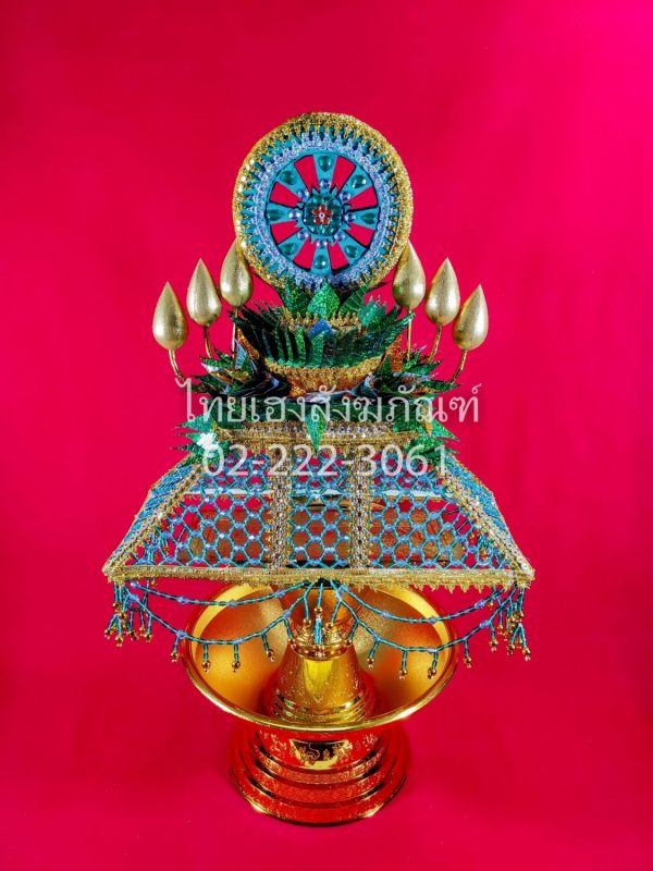 ครอบไตรธรรมจักรประดับใบไม้สีเขียว ร้อยคริสตัลเทียม