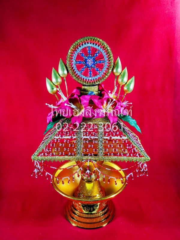 ครอบไตรธรรมจักรประดับดอกไม้สีชมพู ร้อยคริสตัลเทียม